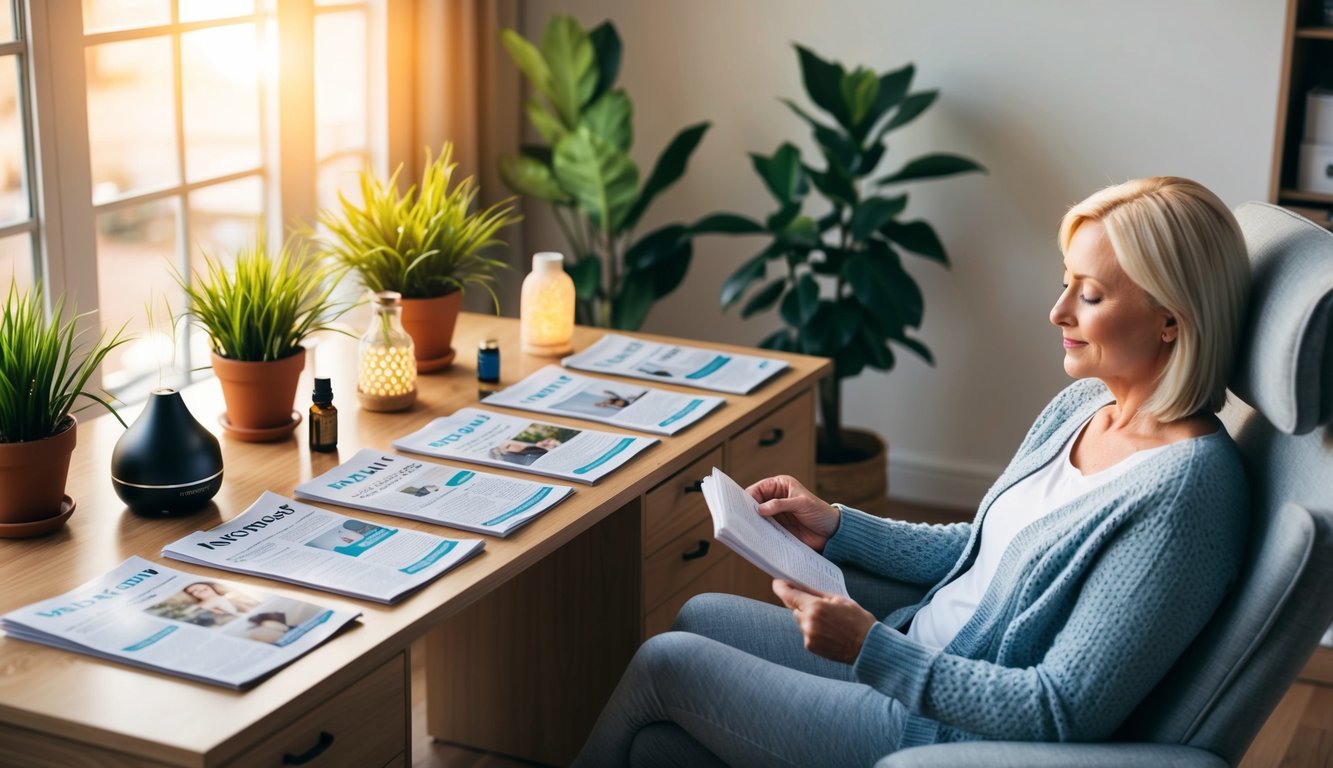 A cozy, sunlit office with a desk covered in newsletters, potted plants, and a calming essential oil diffuser. A holistic client sits in a comfortable chair, reading with a peaceful expression