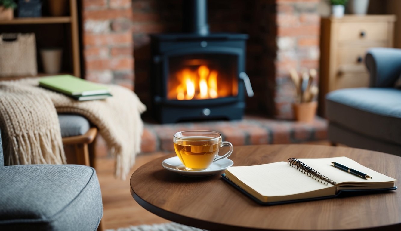 A cozy living room with a warm fireplace, a comfy chair, and a table with a cup of herbal tea and a notebook for brainstorming ideas