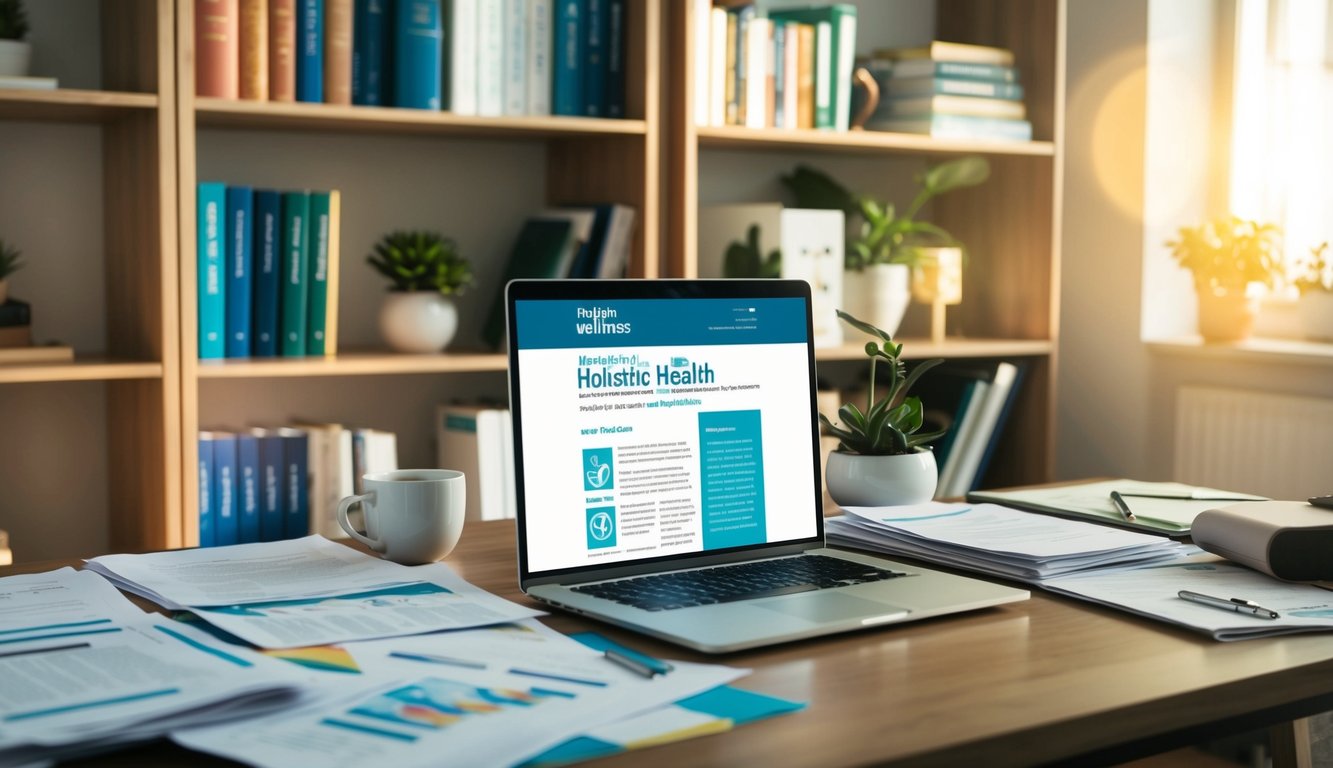 A cozy, sunlit office space with a desk covered in papers, a laptop open to a newsletter template, and shelves filled with books on holistic health and wellness