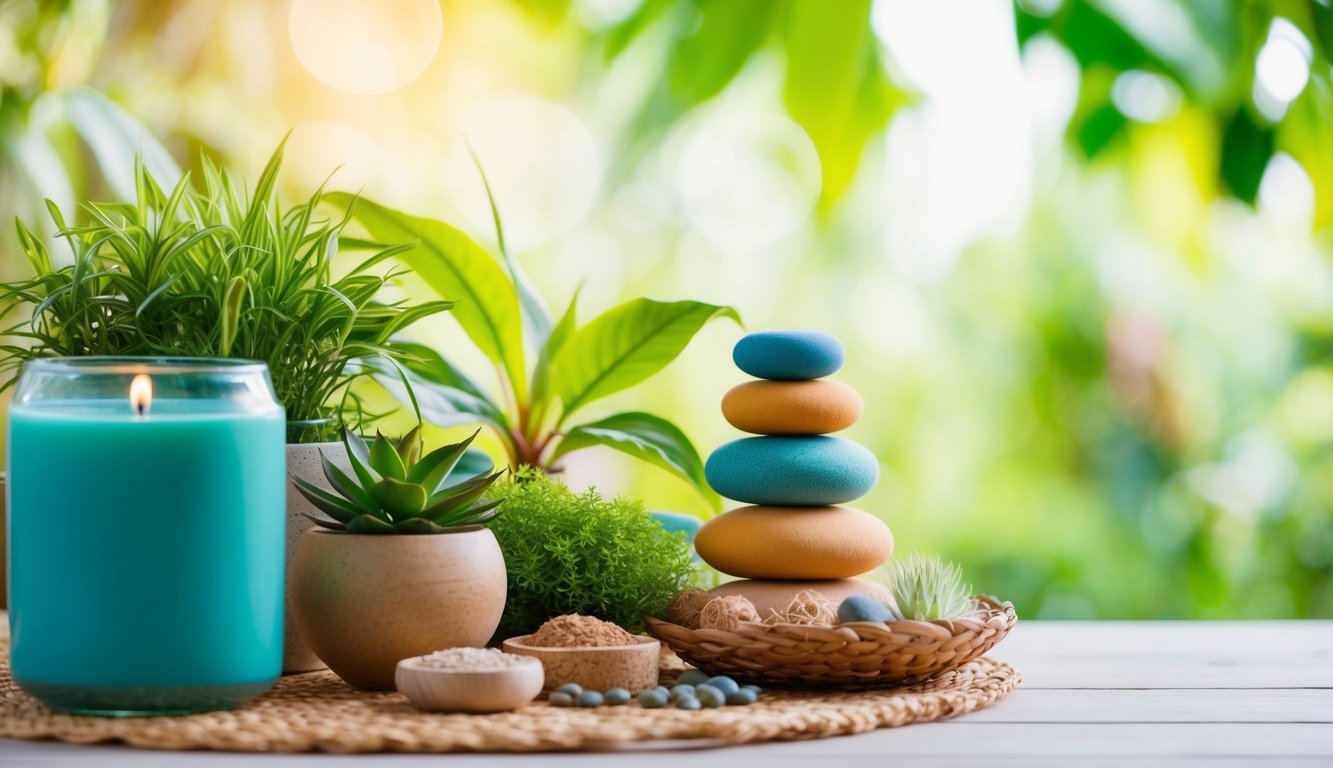 A serene, nature-inspired setting with a vibrant color palette, incorporating elements of holistic wellness such as plants, natural textures, and soothing imagery
