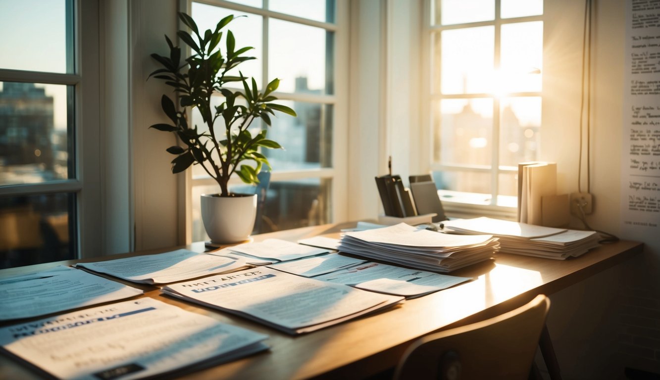 A cozy, sunlit office with a desk covered in handwritten notes and open newsletters. A plant sits in the corner, adding a touch of greenery to the space