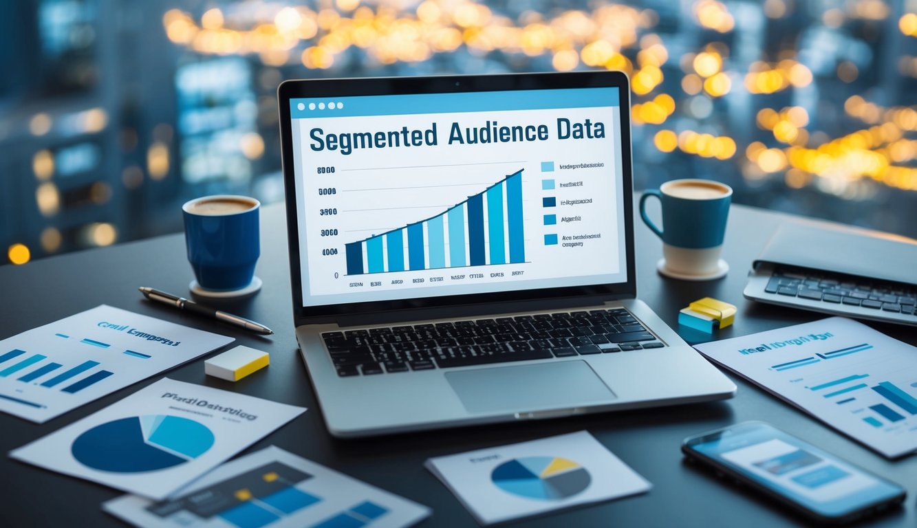 A laptop displaying a graph of segmented audience data, surrounded by various email campaign materials and optimization tools
