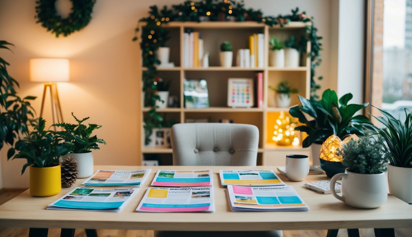 A cozy, inviting office space with a desk filled with colorful newsletters, surrounded by plants and seasonal decorations. A warm, holistic vibe emanates from the scene