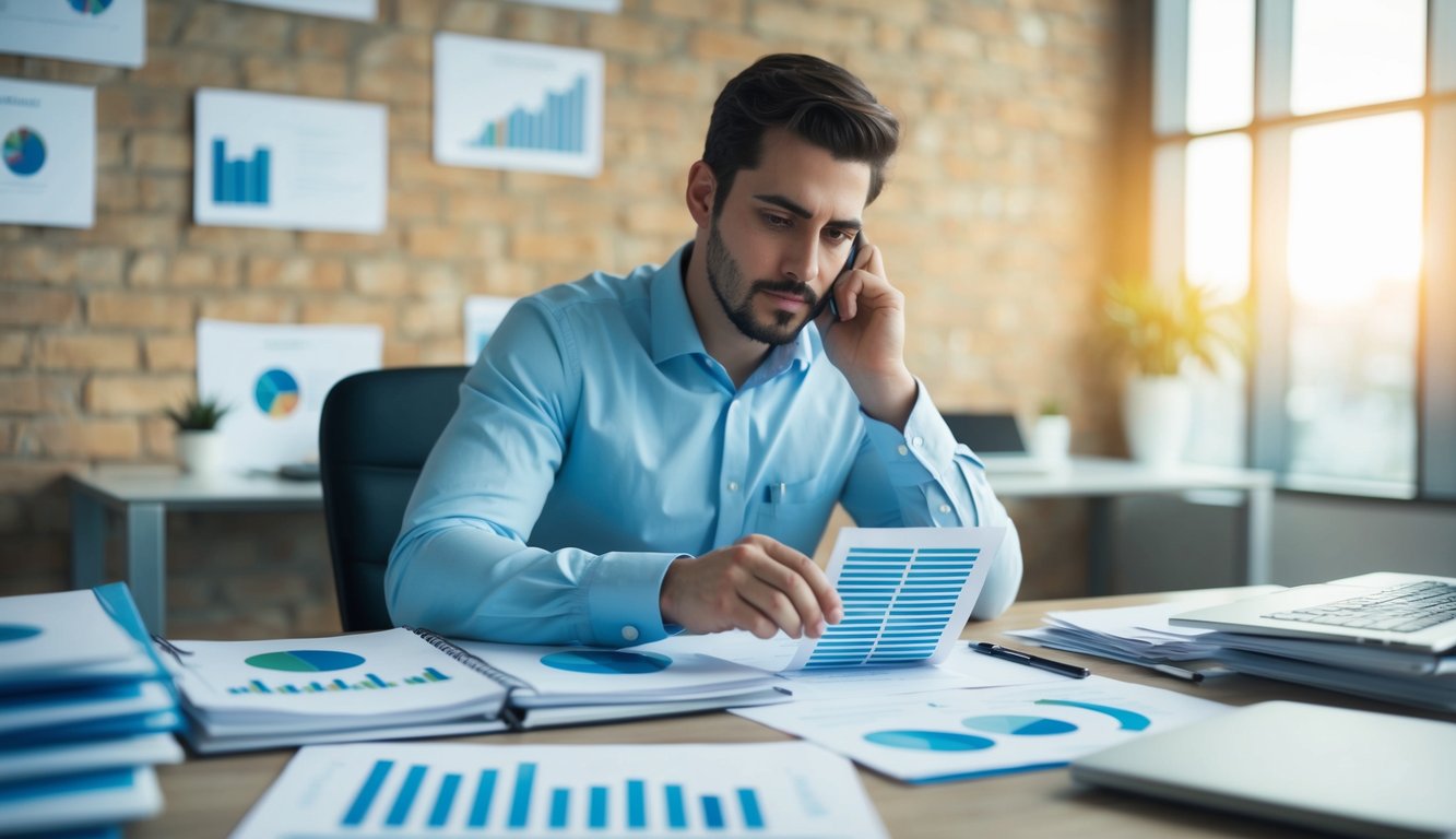 A person at a desk, surrounded by charts and graphs, carefully sorting through a list of email recipients. They are deep in thought, trying to find the best way to tailor their email campaigns for maximum impact