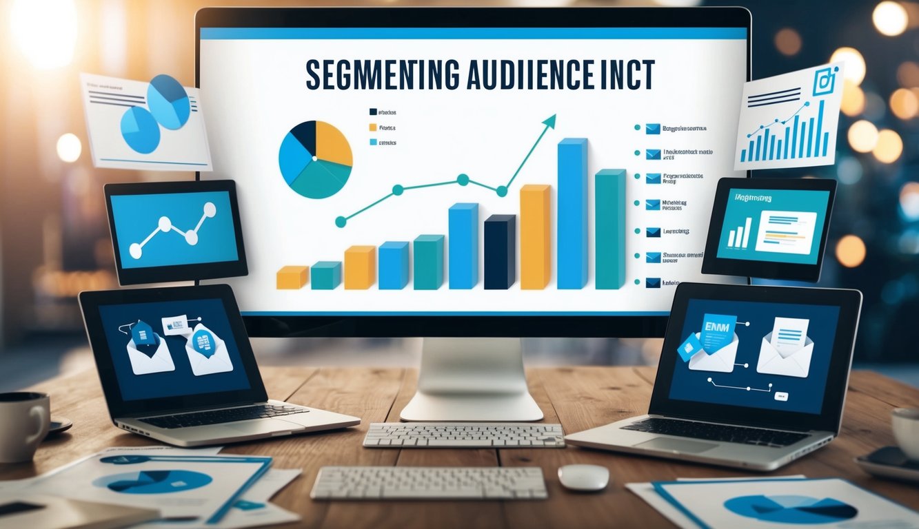 A computer screen displaying a graph with segmented audience categories, surrounded by various email marketing materials and charts