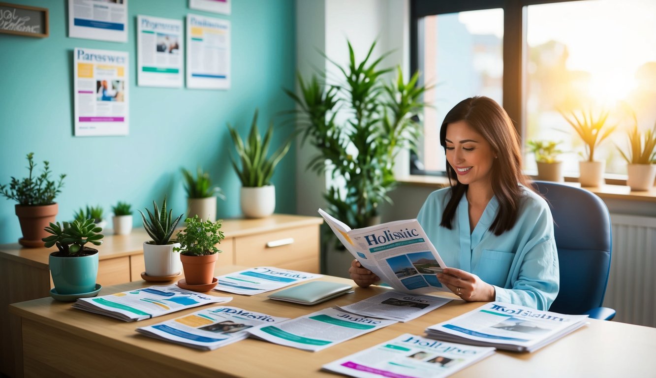 A cozy, sunlit office with a desk covered in newsletters, potted plants, and a calming color scheme. A holistic client sits in a comfortable chair, reading with interest
