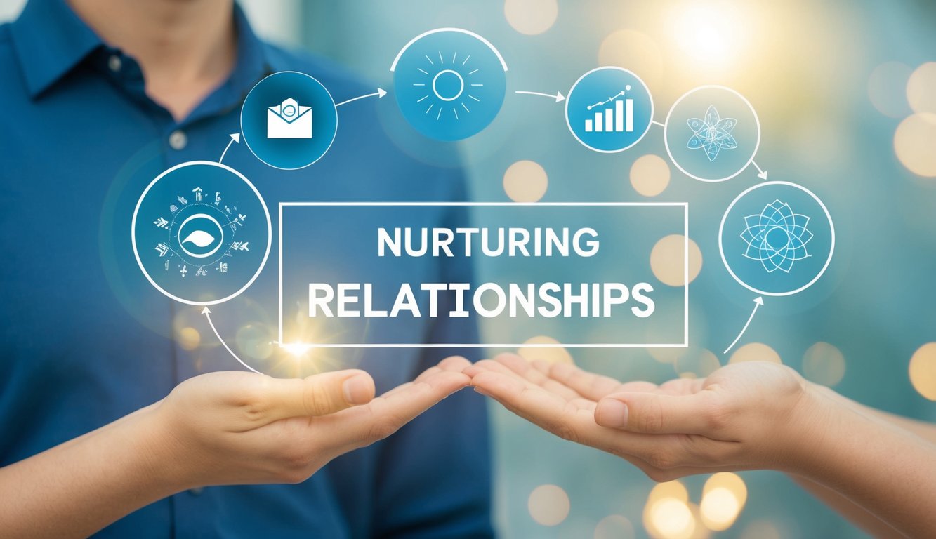 An email list being divided into segments, with nurturing relationships depicted through various holistic symbols and imagery