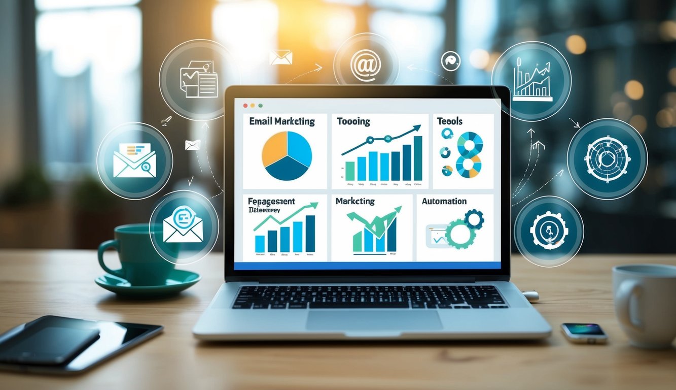 A laptop displaying email marketing tools and graphs, surrounded by engagement-boosting icons and automation symbols