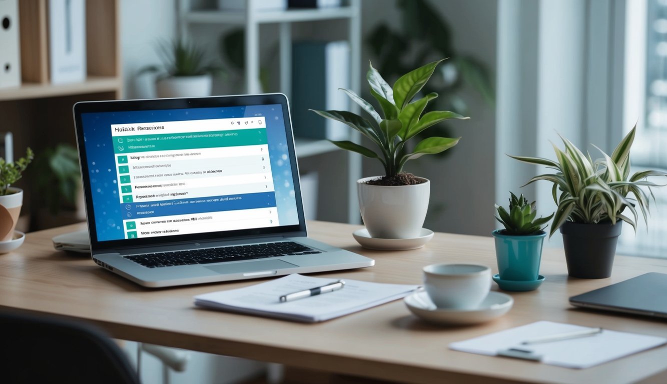 A holistic practitioner's office desk with a laptop, potted plant, and open email inbox displaying engaging subject lines