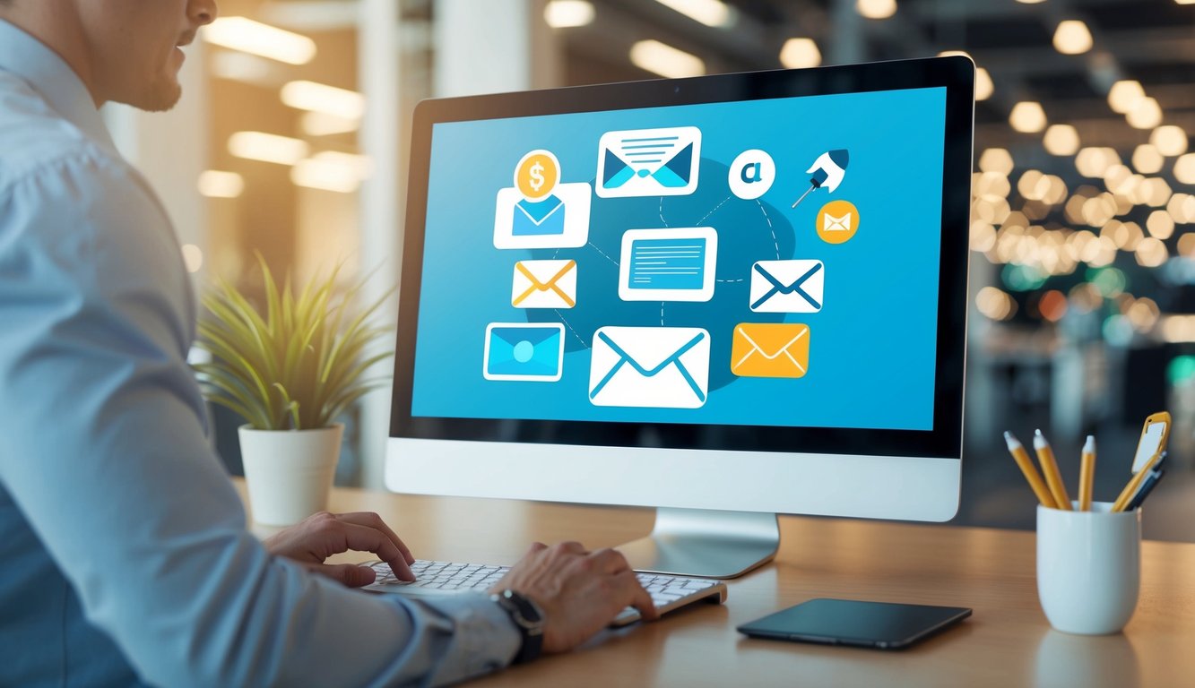 A computer screen displaying various email marketing tools and techniques, with a sleek and modern design