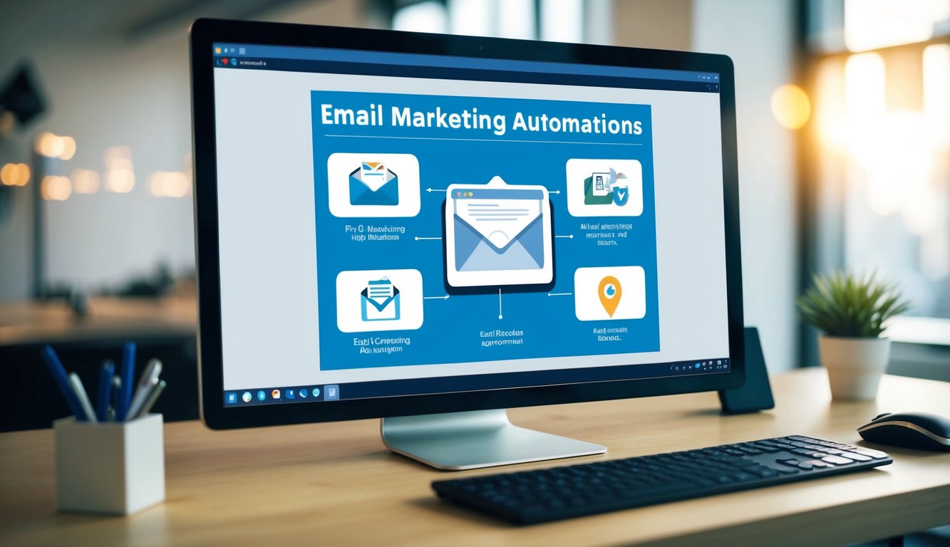 A computer screen displaying various email marketing automation tools and techniques with a keyboard and mouse nearby