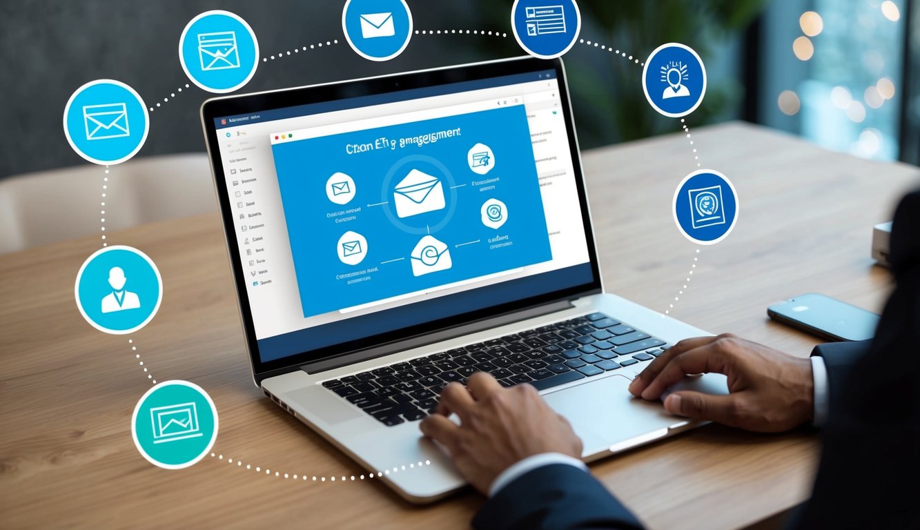 A laptop displaying an email interface with various customization options, surrounded by icons representing client engagement techniques