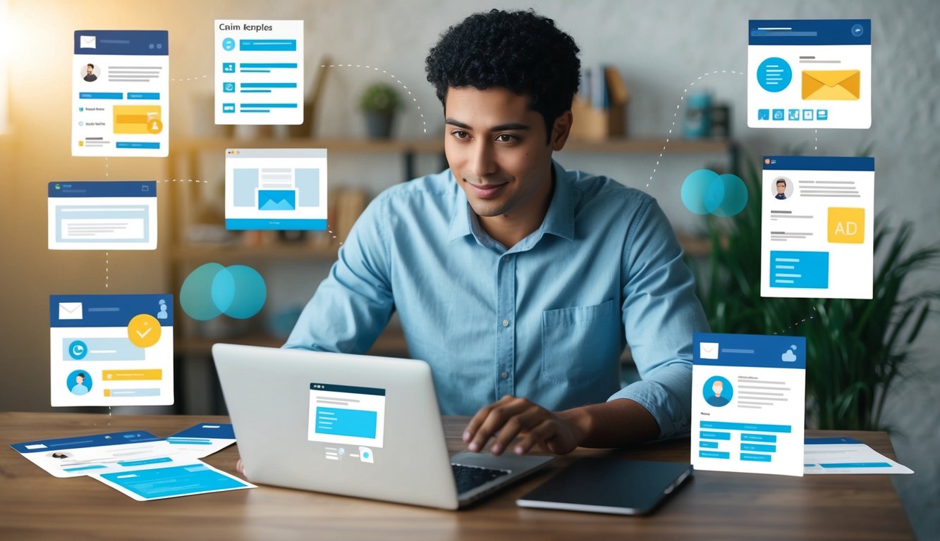 A person typing on a laptop, surrounded by various email templates and personalized client profiles, with a thoughtful expression on their face