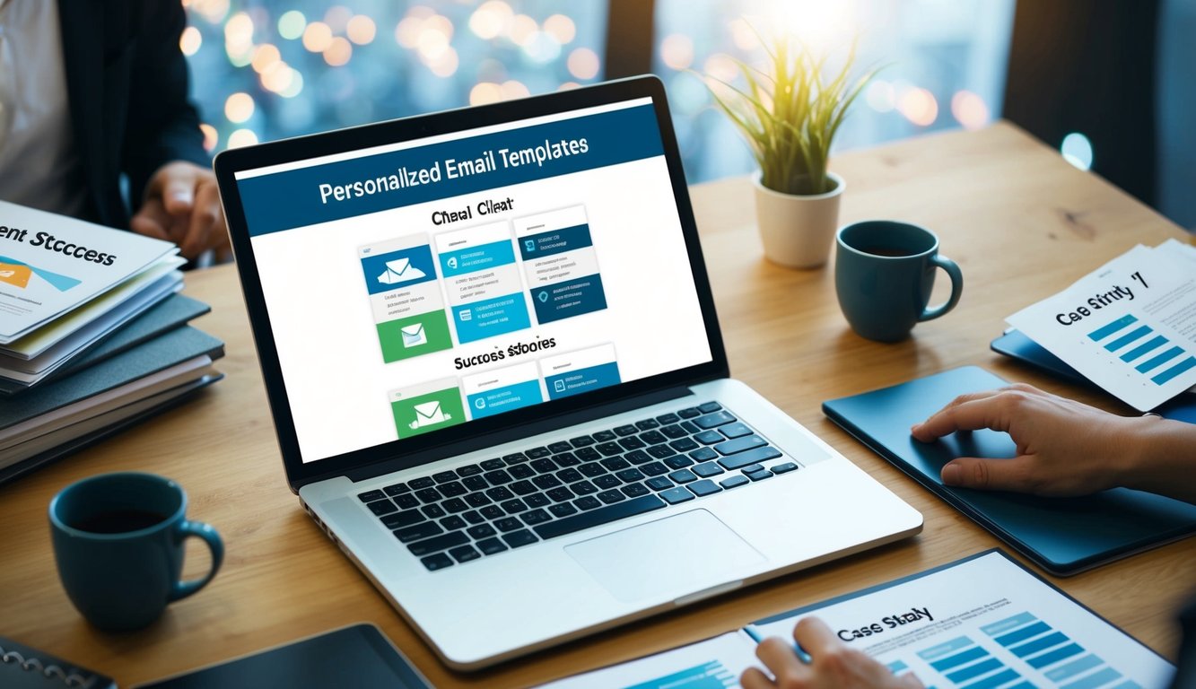 A laptop displaying personalized email templates surrounded by open client success stories and case study files