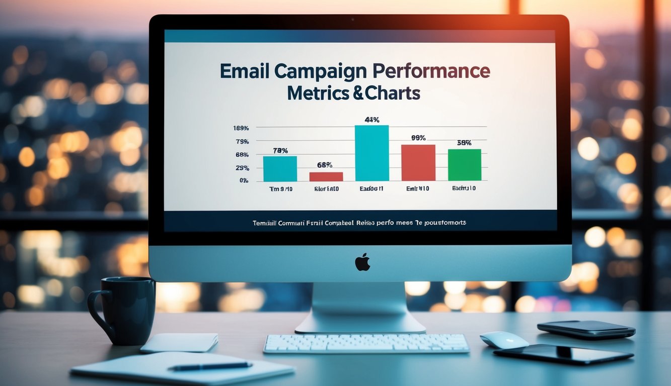 A computer screen displaying email campaign performance metrics and charts