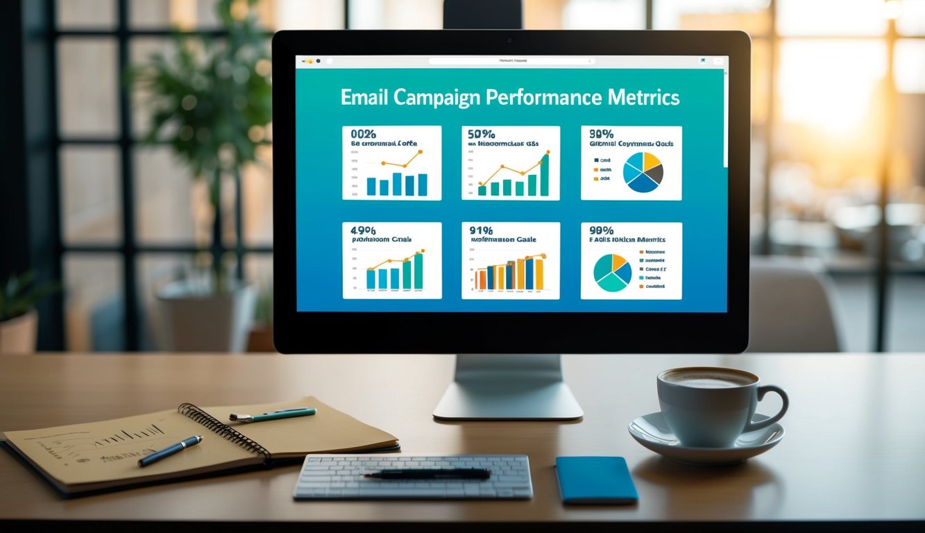 A computer screen displaying various email campaign performance metrics with a chart and graph, a notepad with benchmark goals, and a cup of coffee on a desk