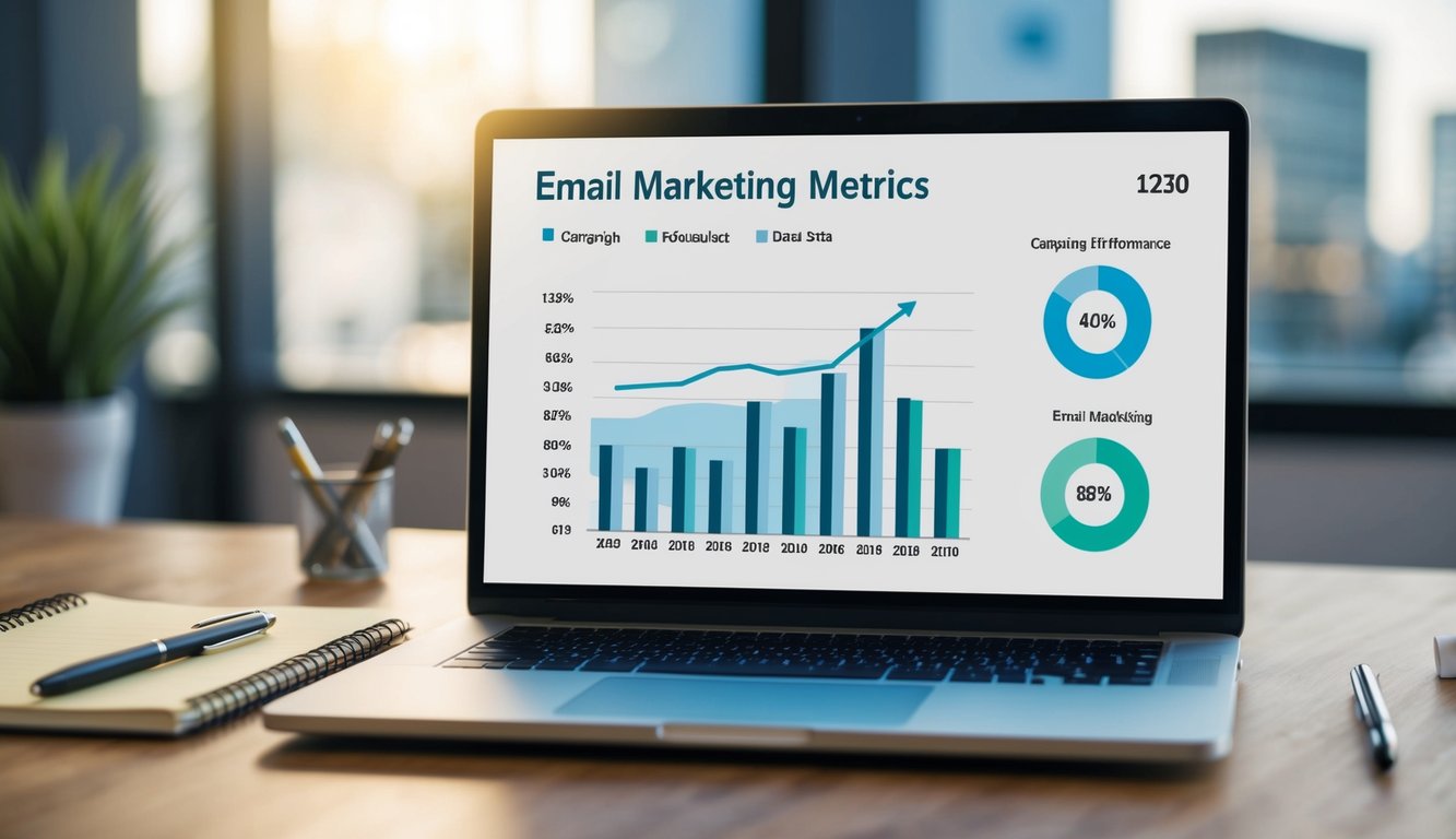 A laptop displaying various email marketing metrics on a desk with a notepad and pen. A graph shows campaign performance data