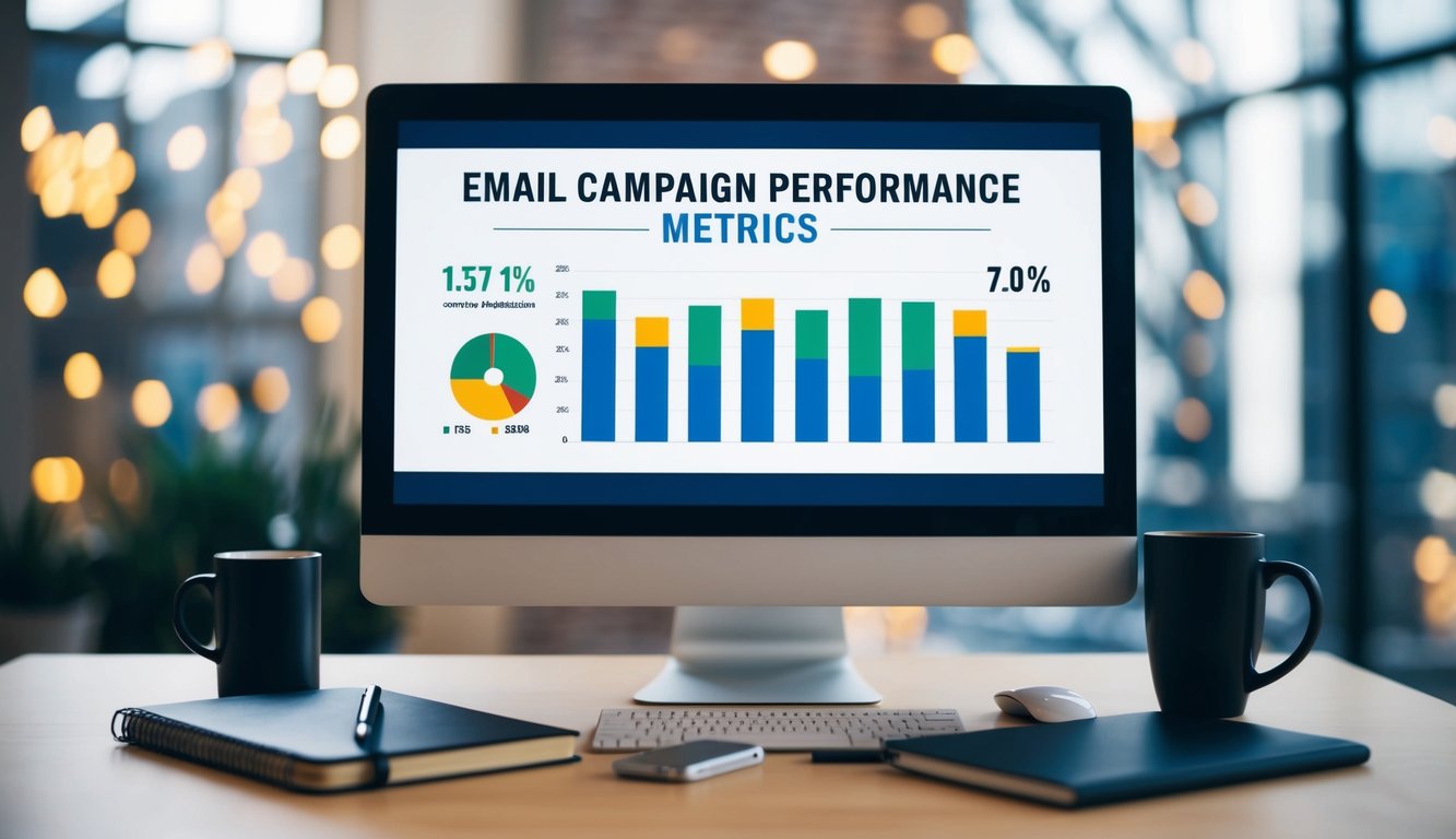 A computer screen displaying email campaign performance metrics with a chart and graphs, surrounded by a notebook, pen, and coffee mug