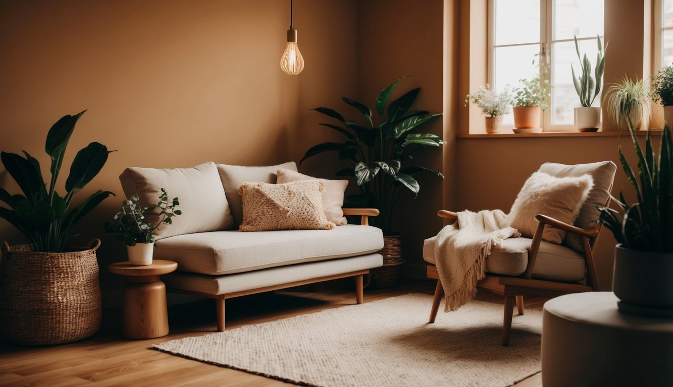 A cozy room with warm lighting, plants, and natural materials. Comfortable seating and soft textures create a relaxed and inviting atmosphere