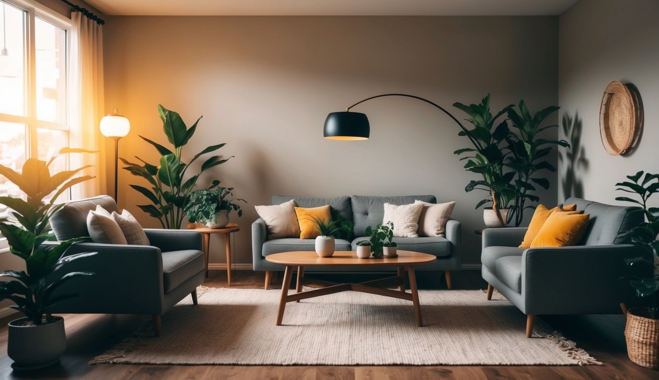 A cozy living room with warm lighting, plants, and comfortable seating arranged in a balanced and inviting layout