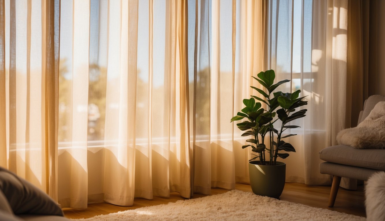 Soft, warm light filters through sheer curtains, casting gentle shadows on a cozy seating area. A potted plant adds a touch of greenery, while a soft, plush rug invites relaxation