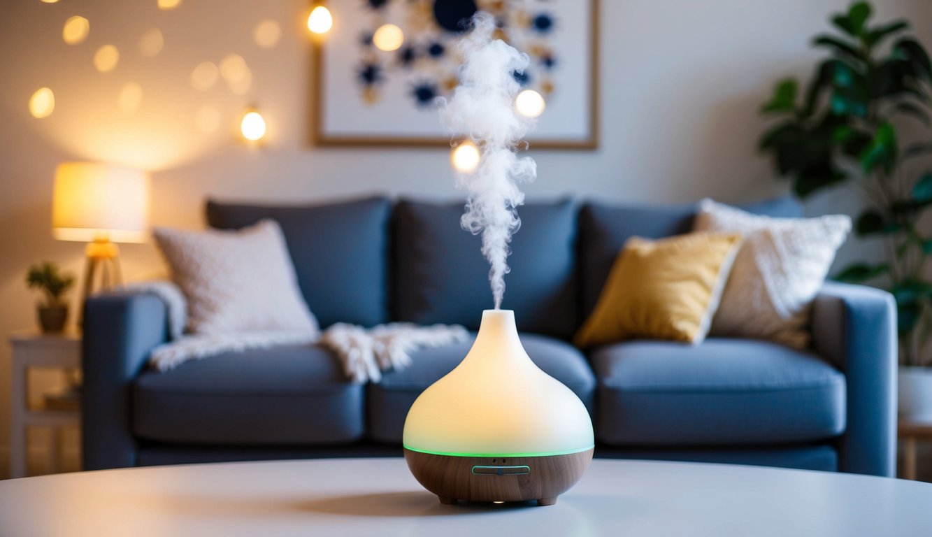 A cozy living room with soft lighting, comfortable furniture, and a diffuser emitting a calming scent