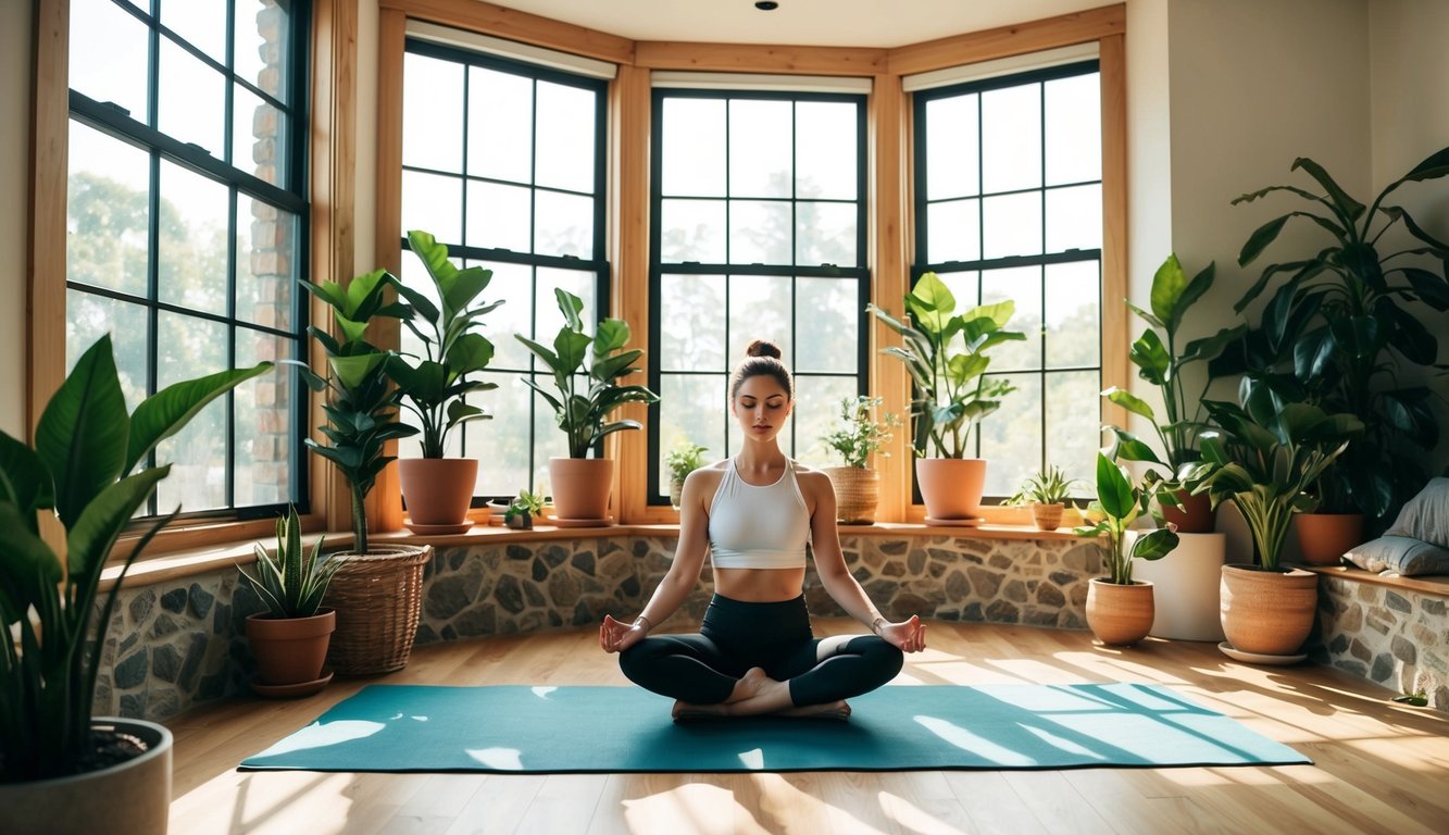 A cozy yoga studio with large windows, filled with potted plants and natural materials such as wood and stone. Sunlight streams in, creating a peaceful and serene atmosphere