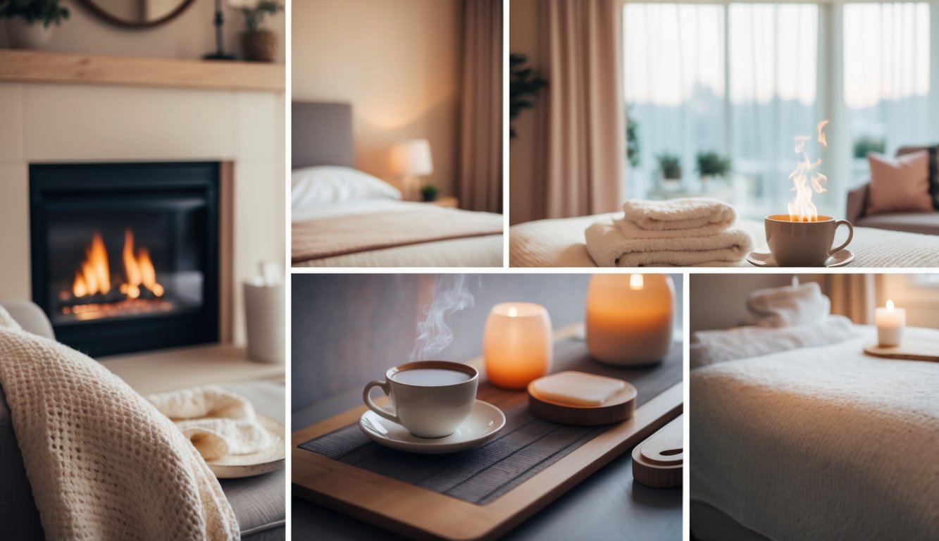 A cozy living room with a crackling fireplace, a soft blanket, and a warm cup of tea. A bedroom with soft, calming colors and a plush bed. A serene spa with soothing music and a calming scent