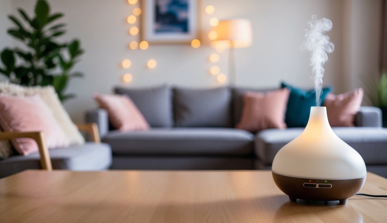 A cozy living room with soft lighting, comfortable furniture, and a diffuser emitting a soothing aroma