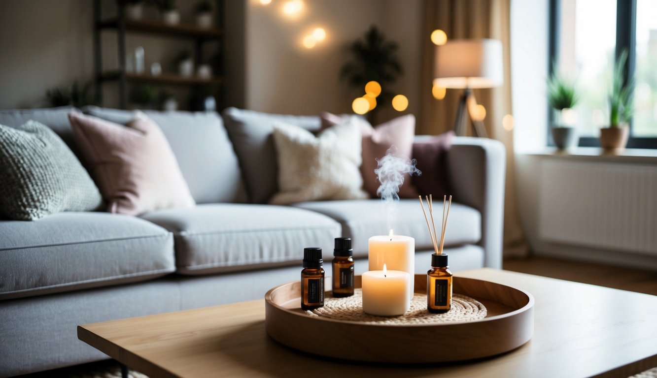 A cozy living room with soft lighting, a plush couch, and a coffee table adorned with aromatic candles and essential oil diffusers