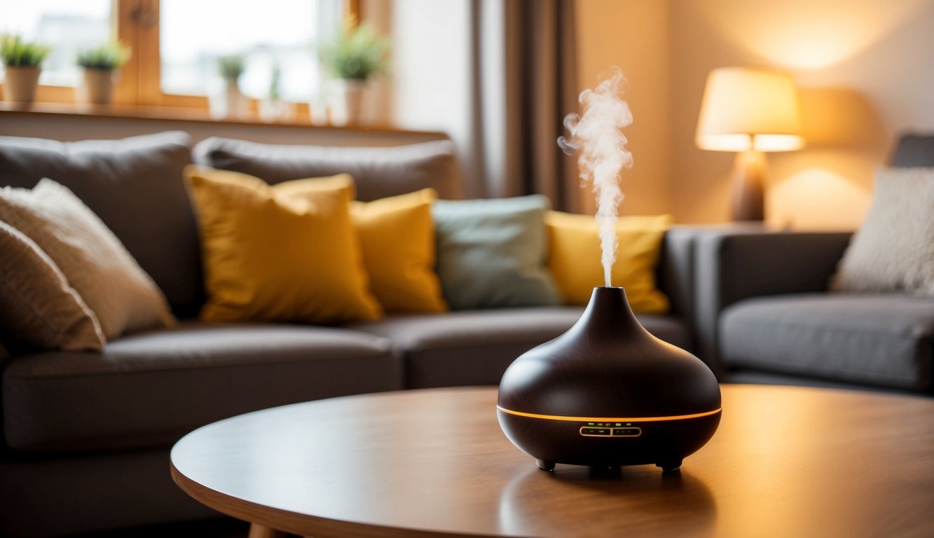 A cozy living room with a diffuser emitting a soft, inviting aroma. Comfy furniture and warm lighting create a welcoming atmosphere for clients