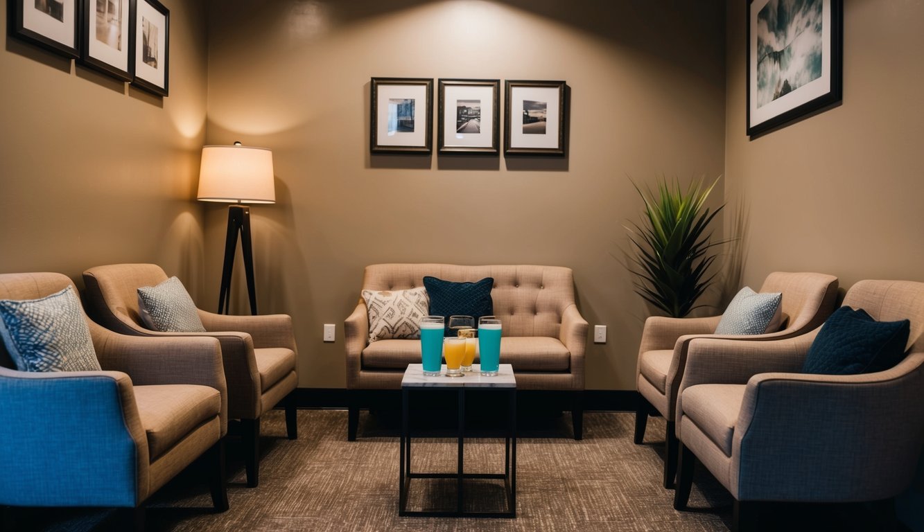 A cozy waiting area with plush seating, warm lighting, and a selection of reading materials. A small table offers complimentary beverages, creating a welcoming and relaxing atmosphere for clients