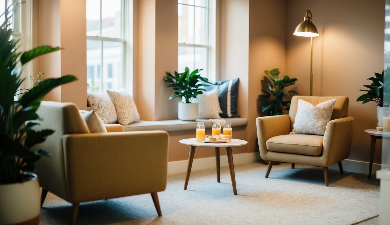 A cozy office with a warm color palette, comfortable seating, and a small table set with refreshments. Soft lighting and plants create a welcoming atmosphere