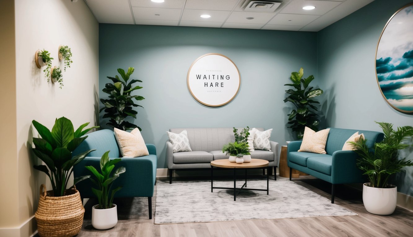 A cozy waiting area with soft lighting, comfortable seating, and soothing colors. Plants and nature-inspired decor create a calming atmosphere