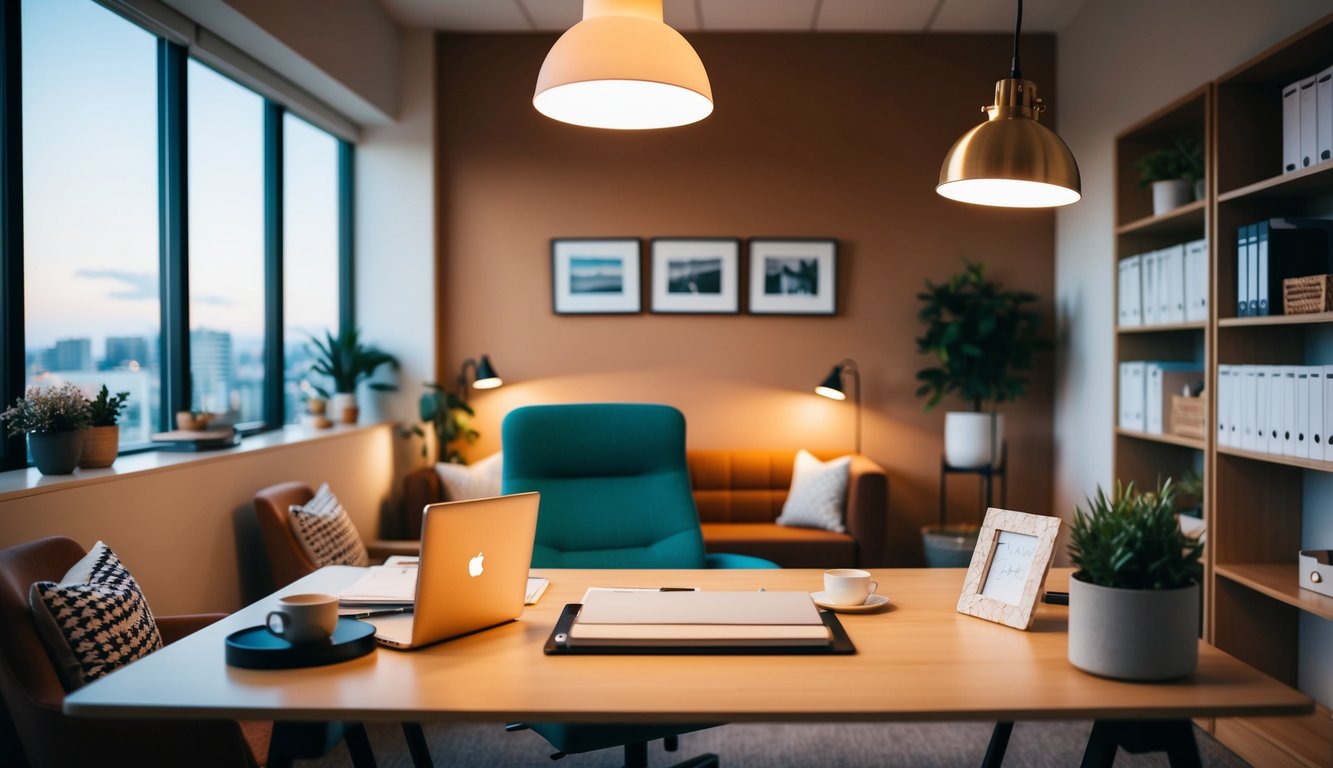 A cozy office with warm lighting, comfortable seating, and personalized decor. A desk with inviting materials and a welcoming atmosphere