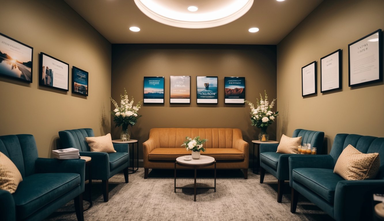 A cozy waiting area with plush seating, warm lighting, and a variety of reading materials. A small table with fresh flowers and complimentary refreshments