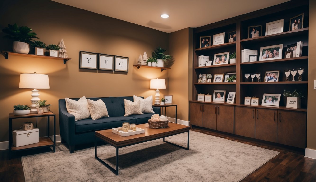 A cozy office with warm lighting, a comfortable seating area, and shelves filled with personalized client gifts and mementos