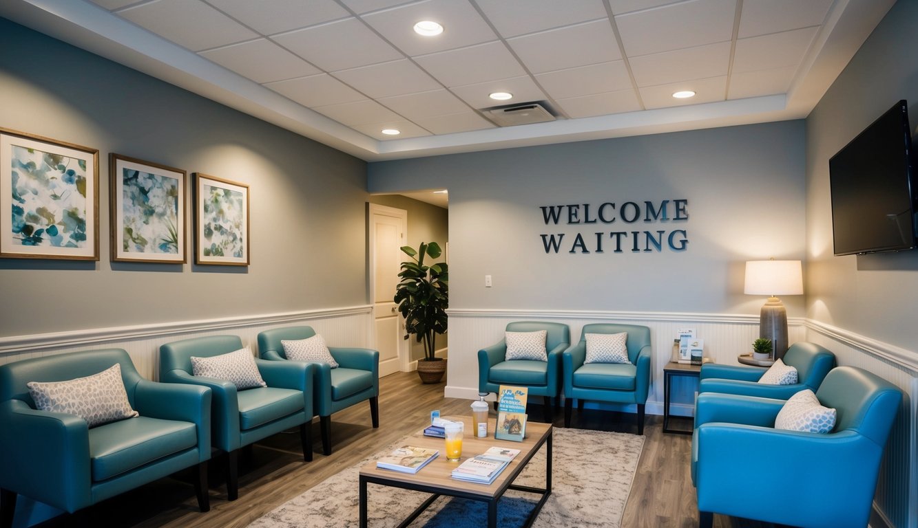 A cozy waiting area with comfortable seating, soft lighting, and a welcoming atmosphere. Refreshments and reading materials are available for clients to enjoy while they wait