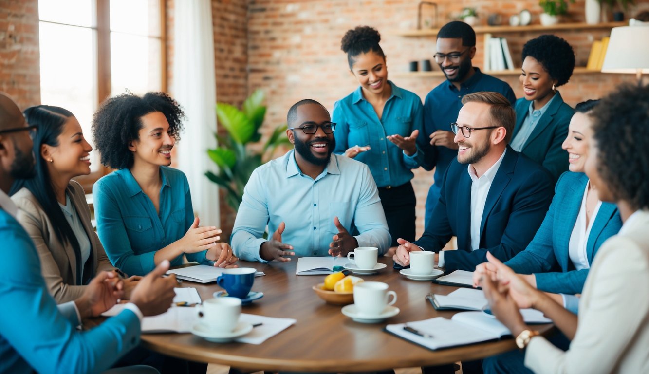 A group of diverse individuals engage in a lively discussion, sharing personal experiences and success stories in a warm and inviting setting