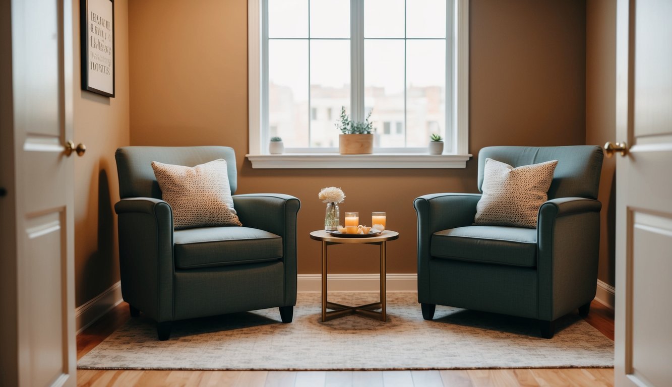A cozy office with two chairs facing each other, a warm color scheme, and a small table with refreshments, creating a welcoming and comfortable environment for client interactions