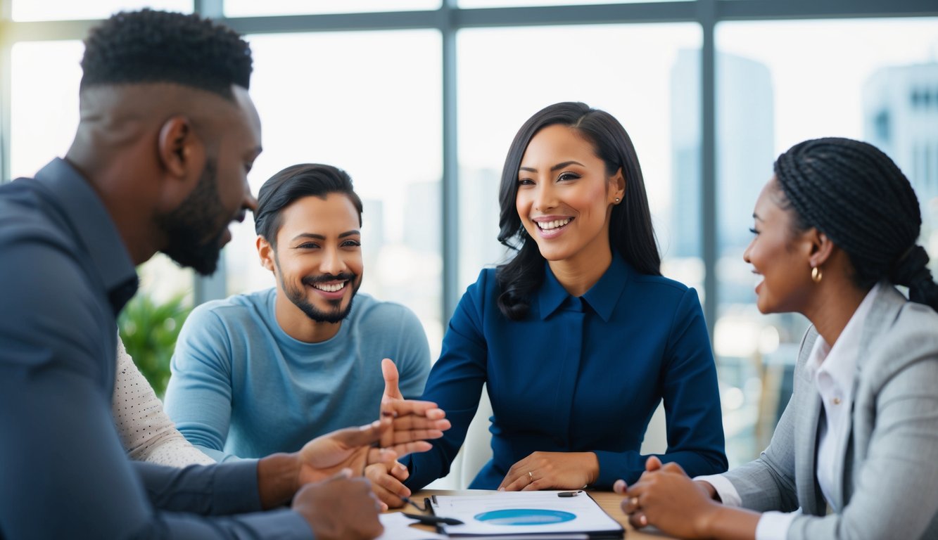 A friendly customer service representative smiling and engaging with a diverse group of clients, using active listening and personalized communication