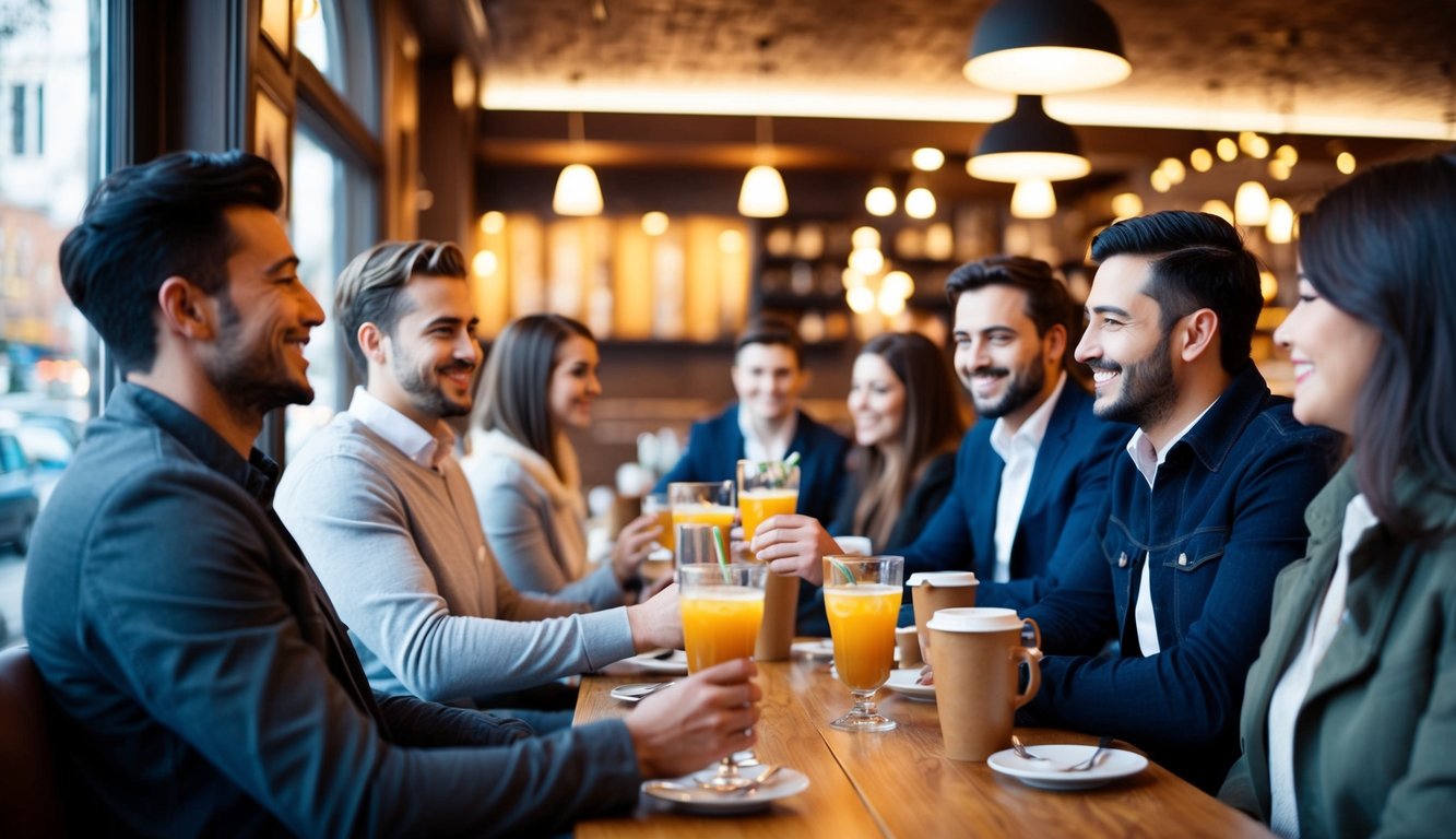 A cozy cafe with warm lighting, comfortable seating, and soft background music. Customers smile as they enjoy their drinks and chat with friendly staff