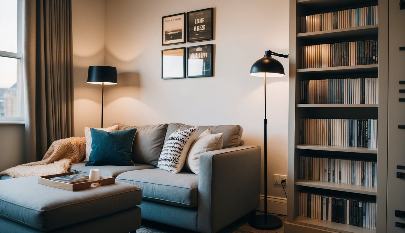 A cozy room with soft lighting, a comfortable seating area, and a shelf of carefully curated music and soundscapes