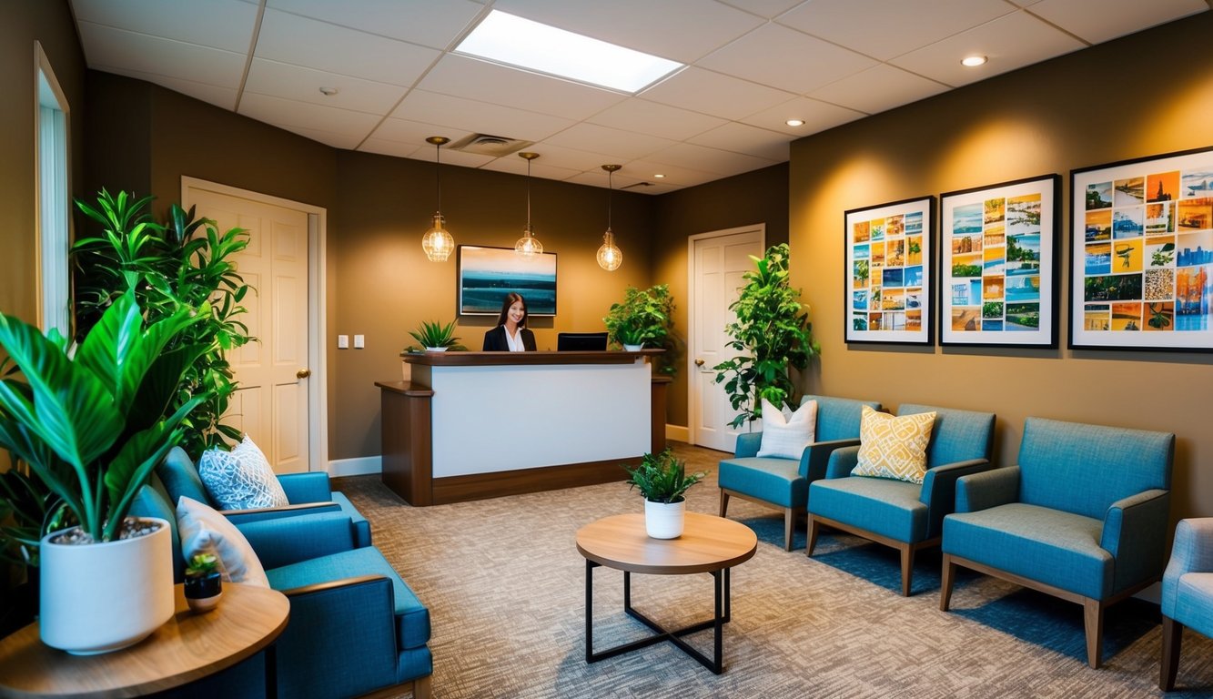 A cozy waiting area with comfortable seating, warm lighting, and plants. A reception desk with friendly staff. Artwork and decor reflecting the diverse interests and backgrounds of clients