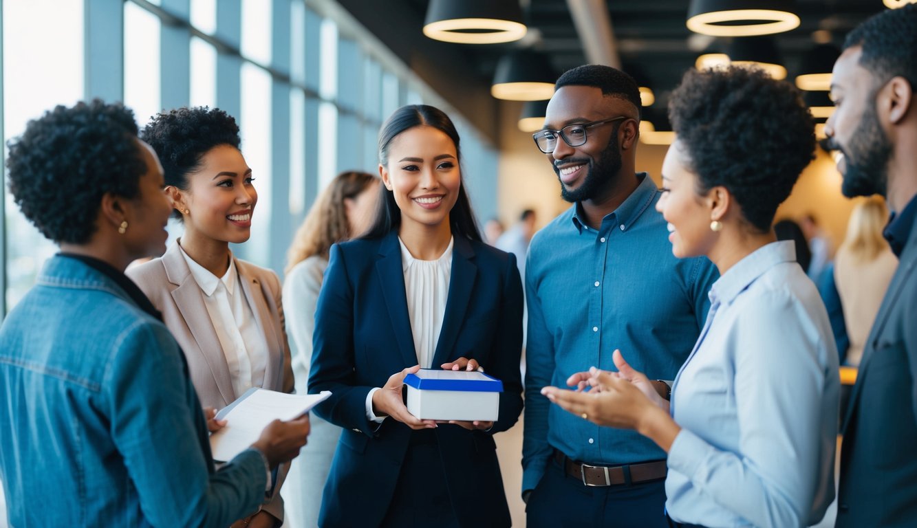 A diverse group of people engage in conversation, while a suggestion box collects feedback in a modern, welcoming environment