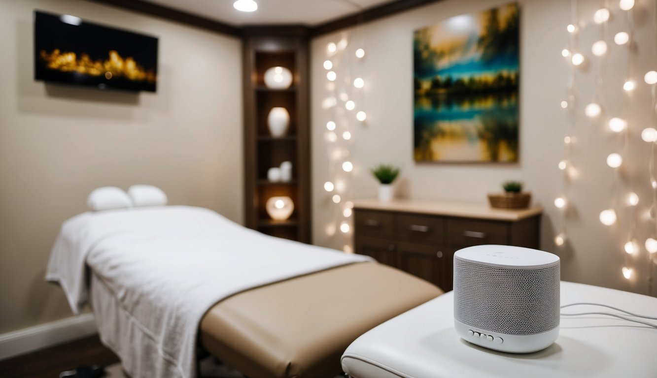 A cozy treatment room with soft lighting, comfortable furniture, and a speaker playing calming music or nature sounds to enhance client comfort