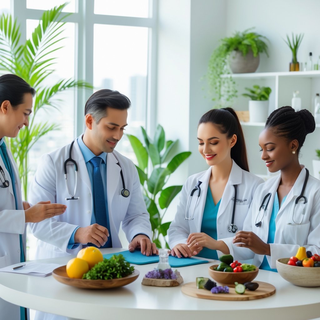 Healthcare professionals and holistic practitioners working together in a bright clinic, combining conventional medicine and holistic treatments.