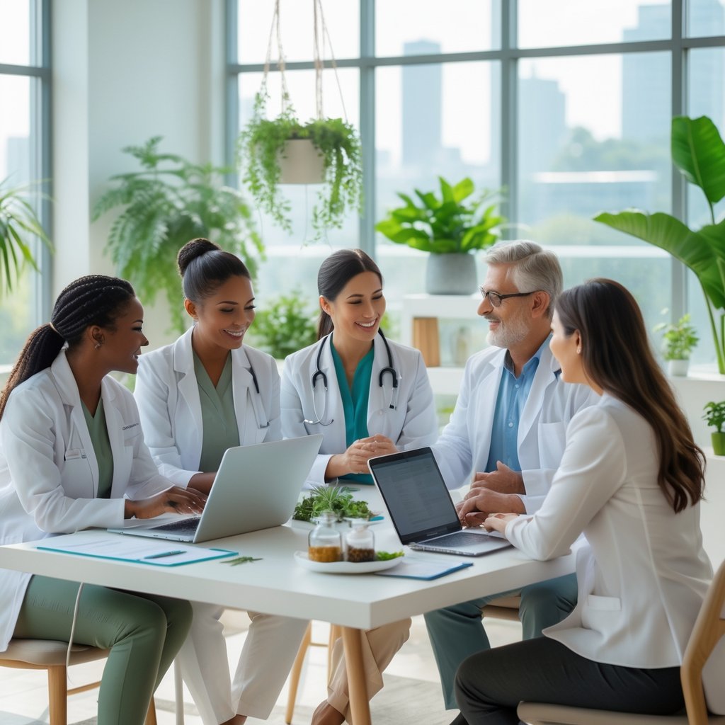 A group of holistic health practitioners discussing patient care around a table in a bright wellness clinic with plants and natural light.