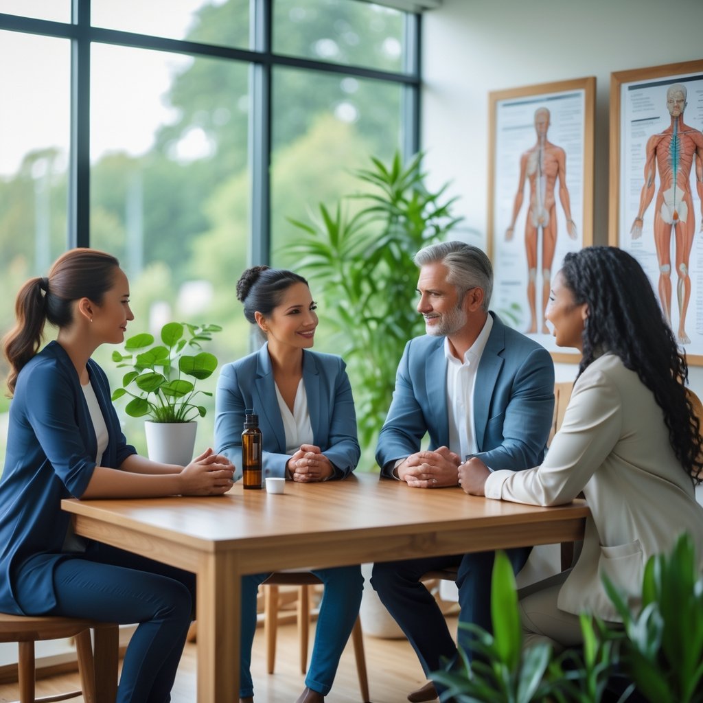 A group of holistic health practitioners and a patient having a thoughtful discussion in a bright, plant-filled consultation room.
