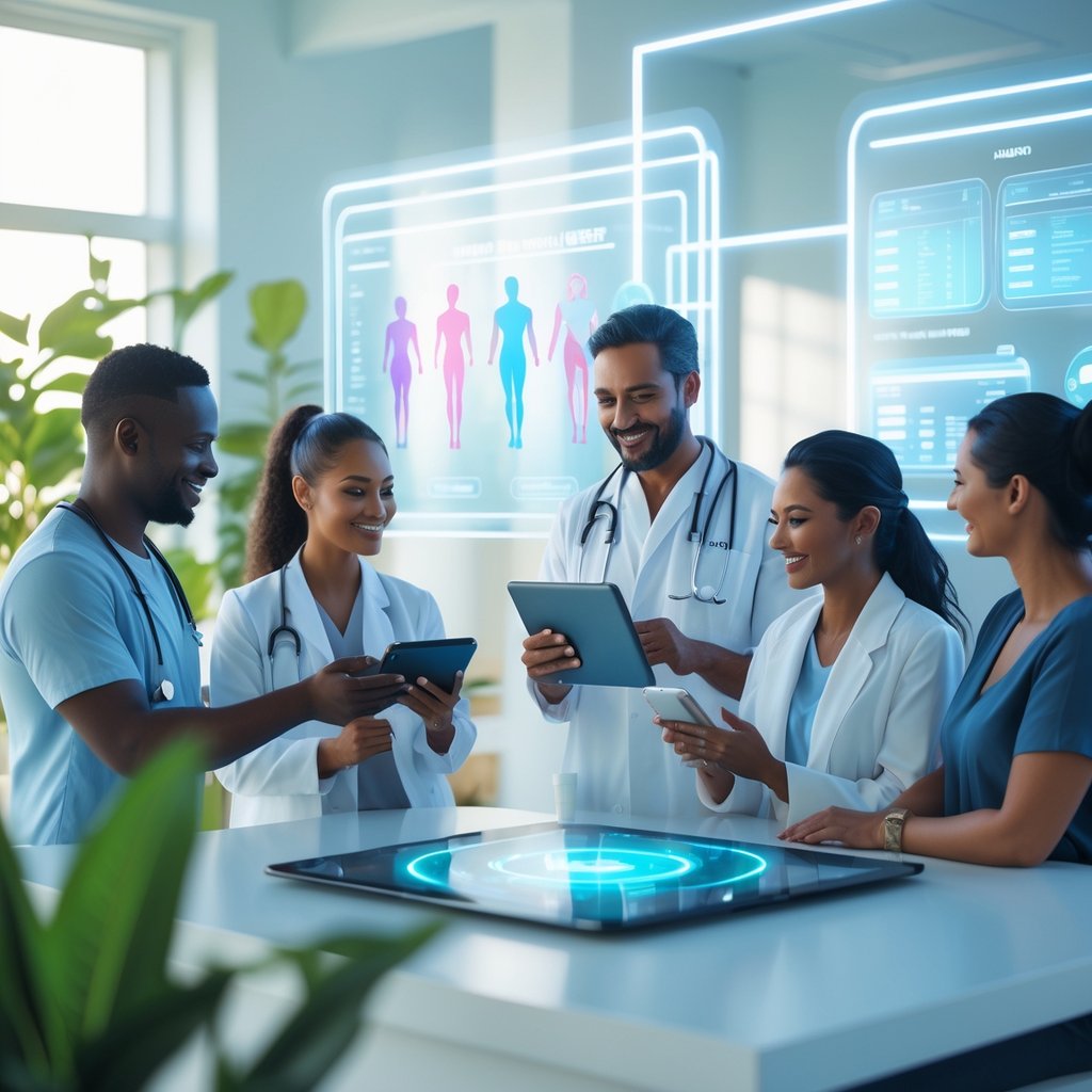 A group of holistic health practitioners and patients collaborating in a modern wellness clinic with natural plants and advanced health technology.